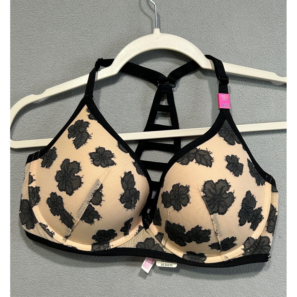 Victoria's Secret PINK Bra Women 36DD Tan Black Floral Cage Strappy‎ Racerback